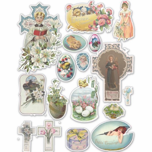 ヴィンテージ復活祭バニーの子ども動物がアートを超える シール (正面)