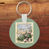 ヴィンテージ復活祭、白い鳩の鳥と花 キーホルダー (正面)