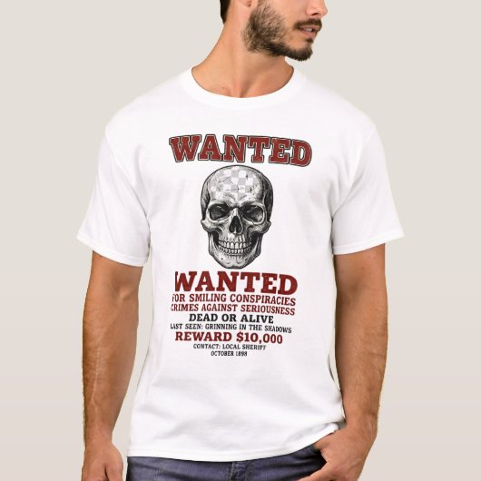 ヴィンテージ微笑みドクロ指名手配ポスター Tシャツ (正面)