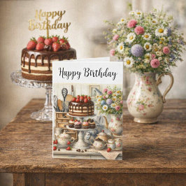 ヴィンテージ急須と湯飲みとチョコレートケーキの誕生日 カード