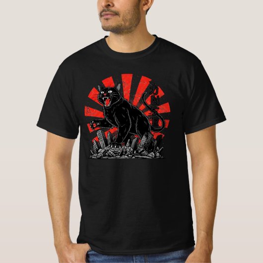 ヴィンテージ怪獣猫攻撃 | 日本のレトロモンスター Tシャツ (正面)