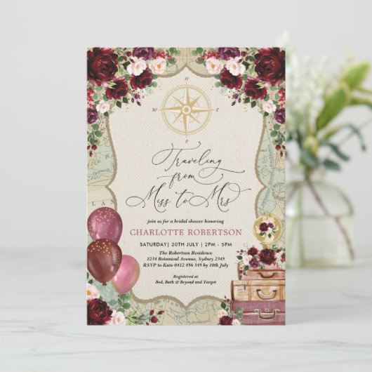 ヴィンテージ恋しく思旅行ブライダルシャワーへの地図 招待状 (スタンド正面)