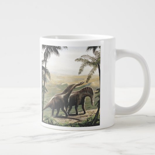 ヴィンテージ恐竜、アマルガサウルスとヤシの木 ジャンボコーヒーマグカップ (右)