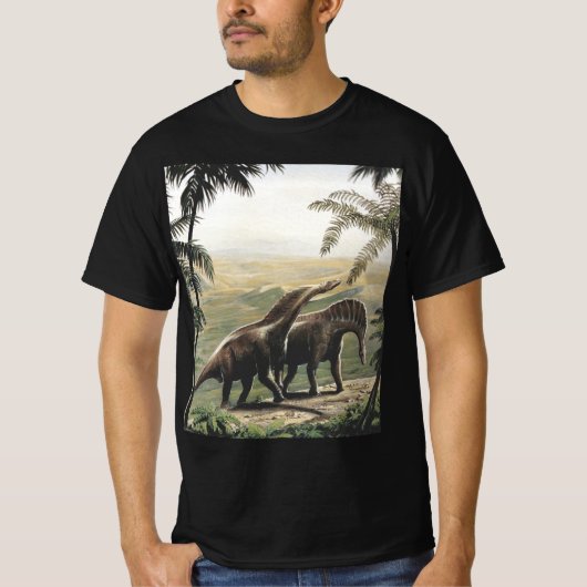 ヴィンテージ恐竜、アマルガサウルスとヤシの木 Tシャツ (正面)