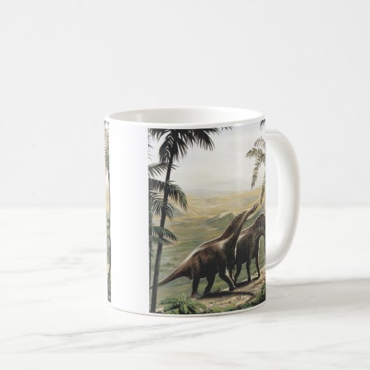ヴィンテージ恐竜、ヤシの木を持つアマルガサウルス コーヒーマグカップ (正面右)
