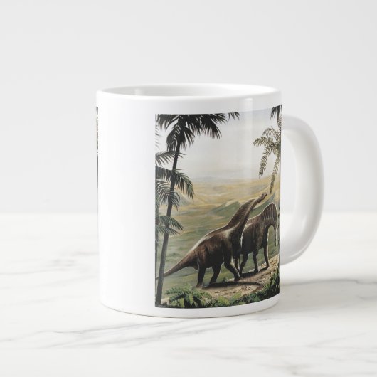 ヴィンテージ恐竜、ヤシの木を持つアマルガサウルス ジャンボコーヒーマグカップ (正面右)