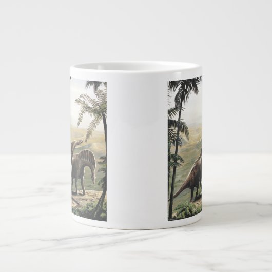 ヴィンテージ恐竜、ヤシの木を持つアマルガサウルス ジャンボコーヒーマグカップ (正面)