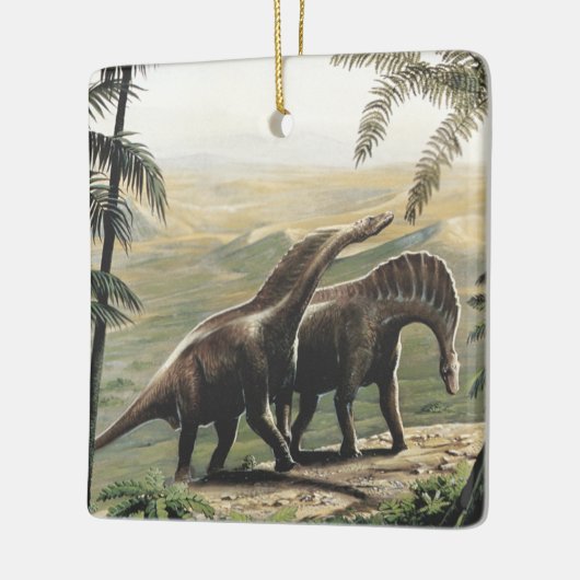 ヴィンテージ恐竜、ヤシの木を持つアマルガサウルス セラミックオーナメント (左)