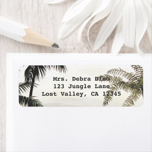 ヴィンテージ恐竜、ヤシの木を持つアマルガサウルス ラベル (インサイチュ)