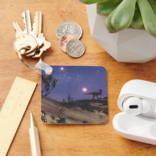 ヴィンテージ恐竜、星空の下のディロフォサウルス キーホルダー (デスク)