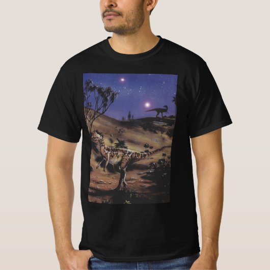 ヴィンテージ恐竜、星空の下のディロフォサウルス Tシャツ (正面)