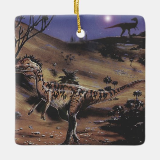 ヴィンテージ恐竜、星空の夜のdilophosaurus セラミックオーナメント (正面)
