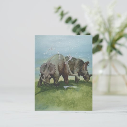 ヴィンテージ恐竜、牧草地のセントロザウルスの放牧 ポストカード (スタンド正面)