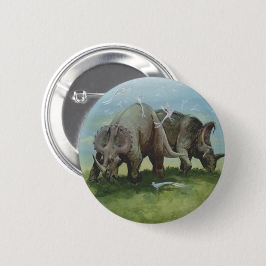 ヴィンテージ恐竜、牧草地のセントロザウルスの放牧 缶バッジ (正面&裏面)