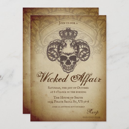 ヴィンテージ悪事ゴシックスカルハローウィンパーティ 招待状 (正面/裏面)