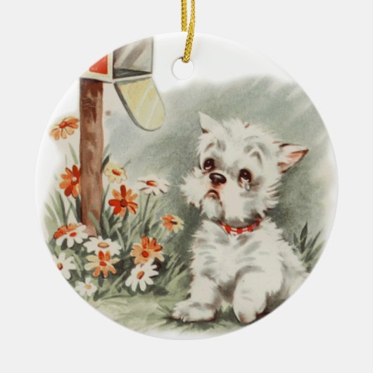 ヴィンテージ悲しい子犬が犬の手紙を待つオーナメント セラミックオーナメント (正面)