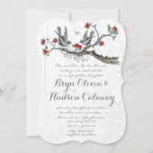 ヴィンテージ愛する鳥の木に座る赤い花 招待状 (正面)