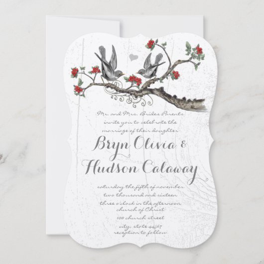 ヴィンテージ愛する鳥の木に座る赤い花 招待状 (正面)