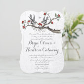 ヴィンテージ愛する鳥の木に座る赤い花 招待状 (スタンド正面)