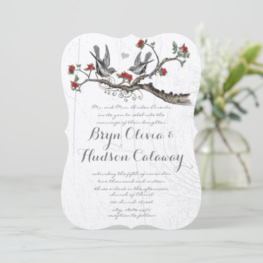 ヴィンテージ愛する鳥の木に座る赤い花 招待状 (スタンド正面)