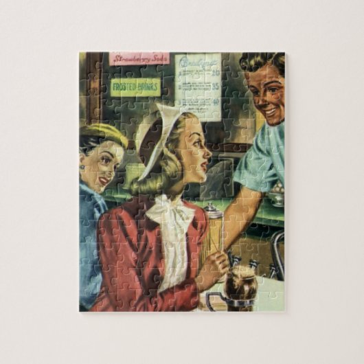 ヴィンテージ愛とロマンス、ソーダ店の女性 ジグソーパズル (縦)