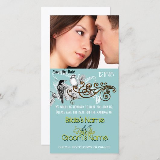 ヴィンテージ愛の鳥あなたの写真の日付を保存 セーブザデート (正面/裏面)