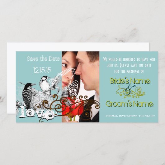 ヴィンテージ愛の鳥あなたの写真の日付を保存 セーブザデート (正面/裏面)