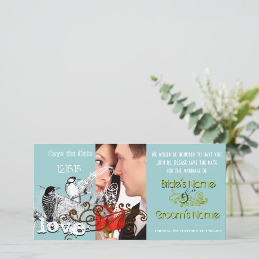 ヴィンテージ愛の鳥あなたの写真の日付を保存 セーブザデート (スタンド正面)