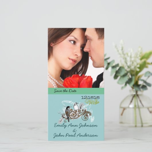 ヴィンテージ愛の鳥あなたの写真の日付を保存 セーブザデート (スタンド正面)