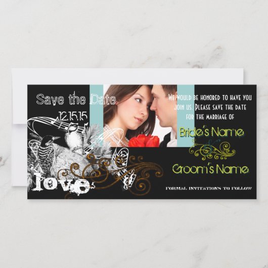 ヴィンテージ愛の鳥あなたの写真の日付を保存 セーブザデート (正面)