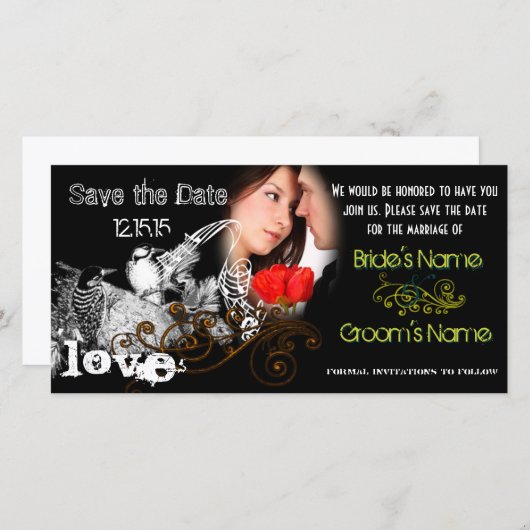 ヴィンテージ愛の鳥あなたの写真の日付を保存 セーブザデート (正面/裏面)