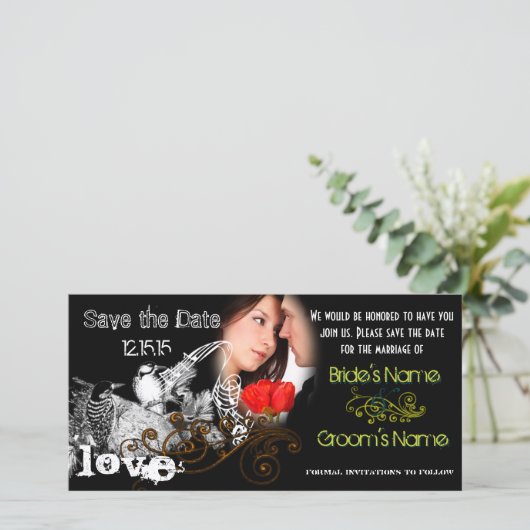 ヴィンテージ愛の鳥あなたの写真の日付を保存 セーブザデート (スタンド正面)