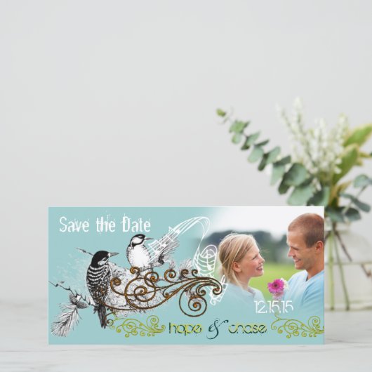ヴィンテージ愛の鳥あなたの写真の日付を保存 セーブザデート (スタンド正面)