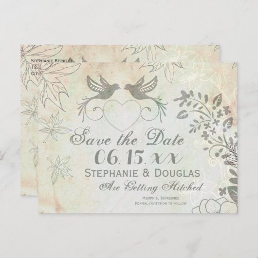 ヴィンテージ愛の鳥の結婚式は日付はがきを保存 案内ポストカード (正面/裏面)