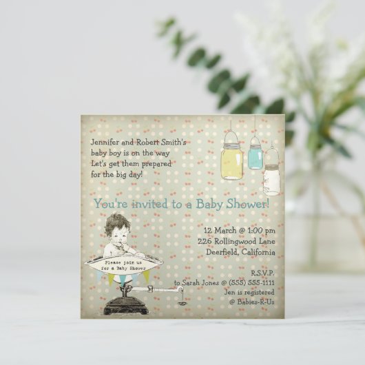ヴィンテージ愛らしいメイソンジャーズ男の赤ちゃんシャワー 招待状 (スタンド正面)