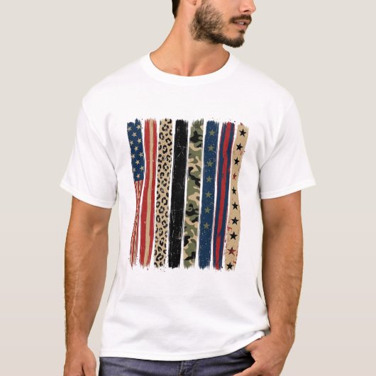 ヴィンテージ愛国レオパード迷彩ストライプシャツデザイン Tシャツ (正面)