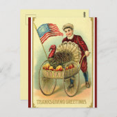 ヴィンテージ愛国少年が七面鳥と国旗を運ぶ ポストカード (正面/裏面)