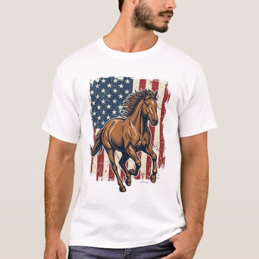 ヴィンテージ愛国心あふれる馬の旗ベクターTシャツデザイン_1 Tシャツ (正面)