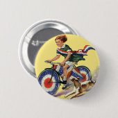 ヴィンテージ愛国心、愛国心のある自転車に乗る女の子 缶バッジ (正面&裏面)