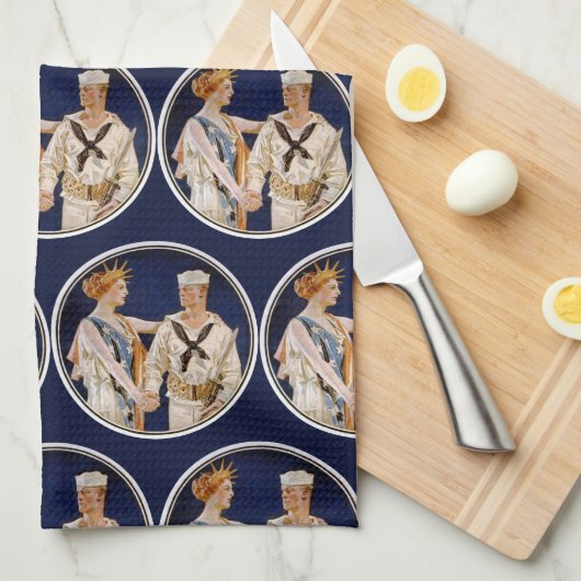 ヴィンテージ愛国心、自由の女神と海軍水兵 キッチンタオル (四つ折り)