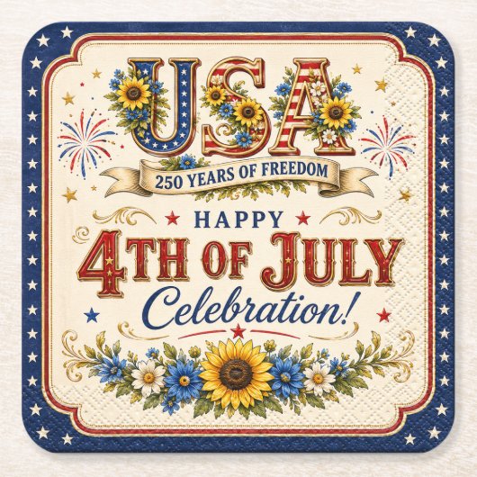 ヴィンテージ愛国的なひまわり 7月4日 アメリカ独立250周年 スクエアペーパーコースター (正面)