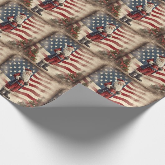 ヴィンテージ愛国的なアメリカ国旗とサンタクロース ラッピングペーパー (角)