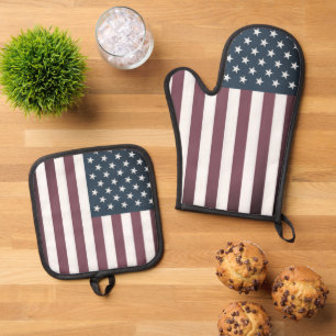 ヴィンテージ愛国的なアメリカ国旗のカスタム 鍋つかみ&鍋敷きセット