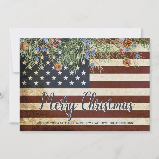 ヴィンテージ愛国的なアメリカ国旗のメリークリスマス シーズンカード (正面)