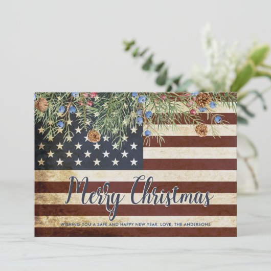 ヴィンテージ愛国的なアメリカ国旗のメリークリスマス シーズンカード (スタンド正面)