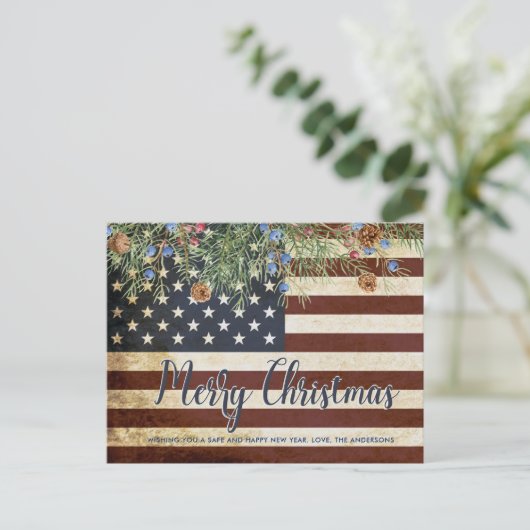 ヴィンテージ愛国的なアメリカ国旗のメリークリスマス シーズンポストカード (スタンド正面)