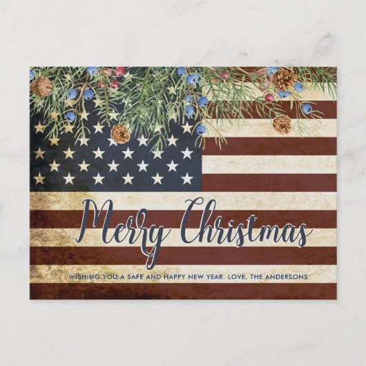 ヴィンテージ愛国的なアメリカ国旗のメリークリスマス シーズンポストカード (正面)