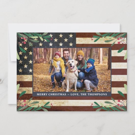 ヴィンテージ愛国的なアメリカ国旗の写真クリスマス シーズンカード (正面)