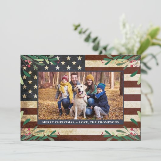 ヴィンテージ愛国的なアメリカ国旗の写真クリスマス シーズンカード (スタンド正面)