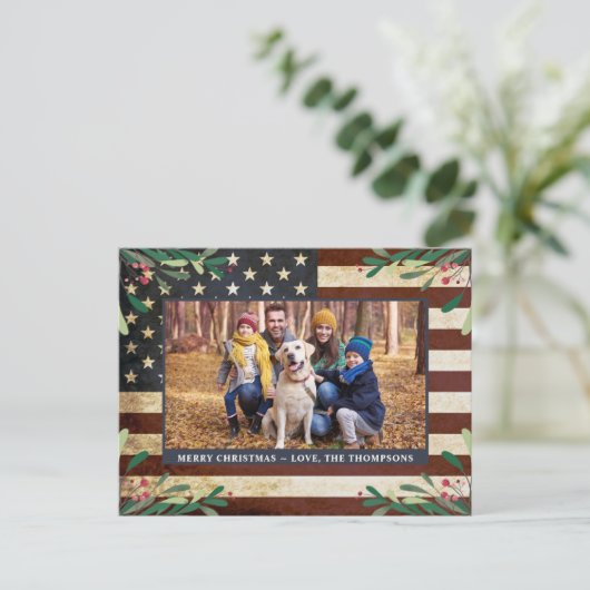 ヴィンテージ愛国的なアメリカ国旗の写真クリスマス シーズンポストカード (スタンド正面)